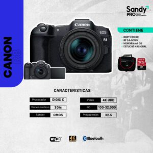 COMBO 98 - CANON EOS R8 + RF 24- 50MM + MEMORIA 64GB + ESTUCHE